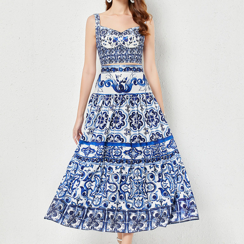 Floral Print Two Piece Set Sleeveless Crop Top High Waisted Midi Skirt Summer Casual Wear Wholesale Available