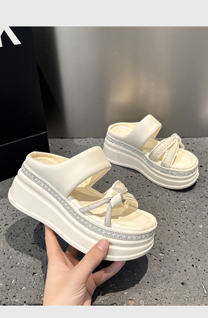 Dép sandal nữ đế dày platform phong cách La Mã, mũi tròn, quai chữ V đơn giản — Đen, Len nguyên chất chi tiết 13