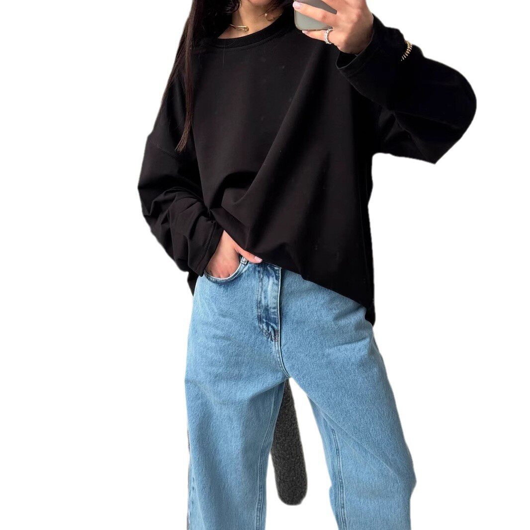 Womens Loose Fit Long Sleeve T Shirt Solid Color Round Neck 100 Cotton Spring Casual Wear Wholesale Available