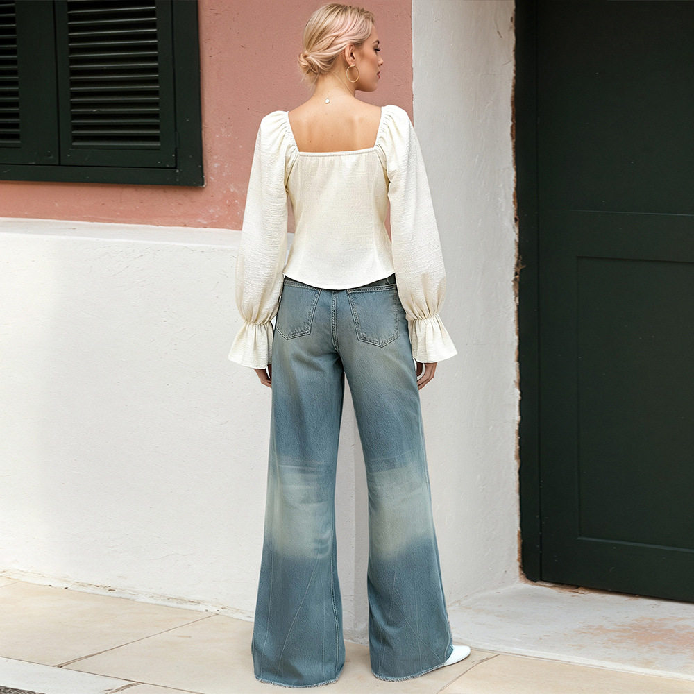 French Style Square Neck Puff Sleeve Chiffon Blouse Slim Fit High Split Vintage Design Perfect for Spring and Summer