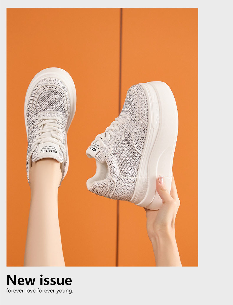 Giày sneaker nữ chunky đế dày platform trắng phối đá rhinestone — Trắng, Bạc chi tiết 12