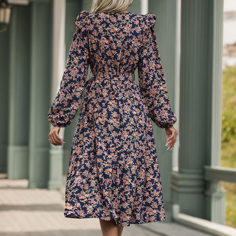 Floral Print V Neck Long Sleeve Dress Ruffled Hem Autumn Style Womens Fashion for Casual Occasions Wholesale