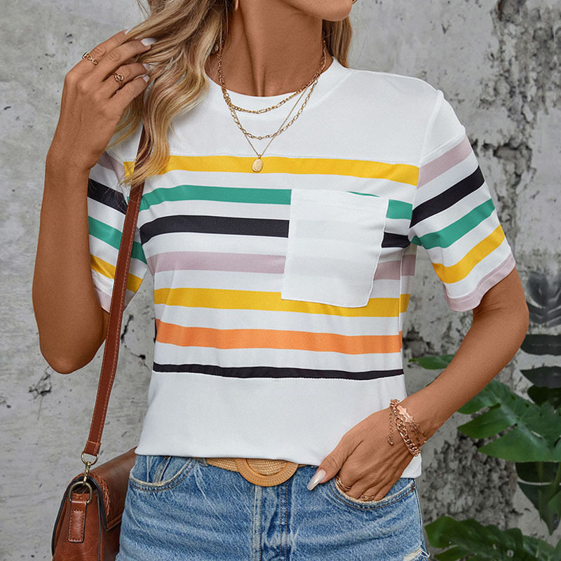 Colorful Striped Short Sleeve T Shirt for Women Summer Style Casual Fit Comfortable Fabric Wholesale Available
