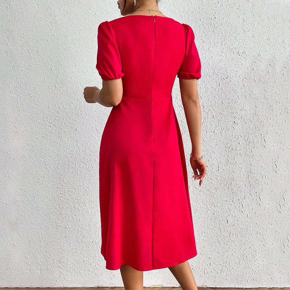 Red A Line Dress with Square Neck Ruffled Bust and Puff Sleeves Trendy for Parties and Events Wholesale Available