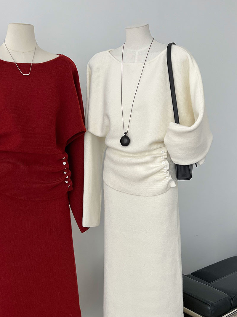 French Style One-Line Collar Waist Top for Women + High-Waisted Knitted Skirt for Women, Two-Piece Suit Ss864