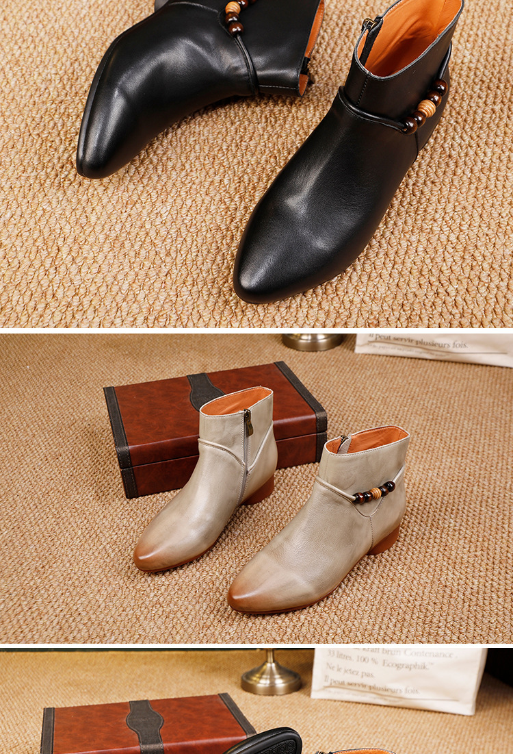 Boot nữ cổ thấp da bò thật mũi nhọn gót thấp thanh lịch — màu đen, màu xám