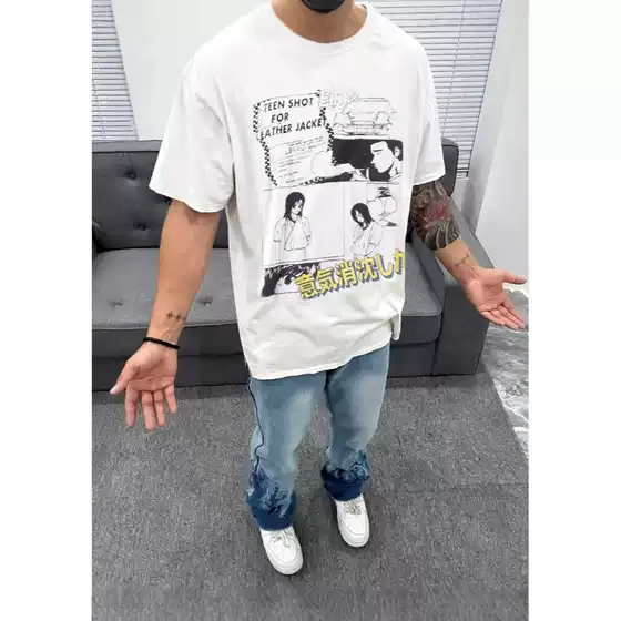 Erd Melancholy Rich Second Generation Retro Print Couple's Round Neck Heavyweight Unisex Loose Cotton T-Shirt Short Sleeve Top