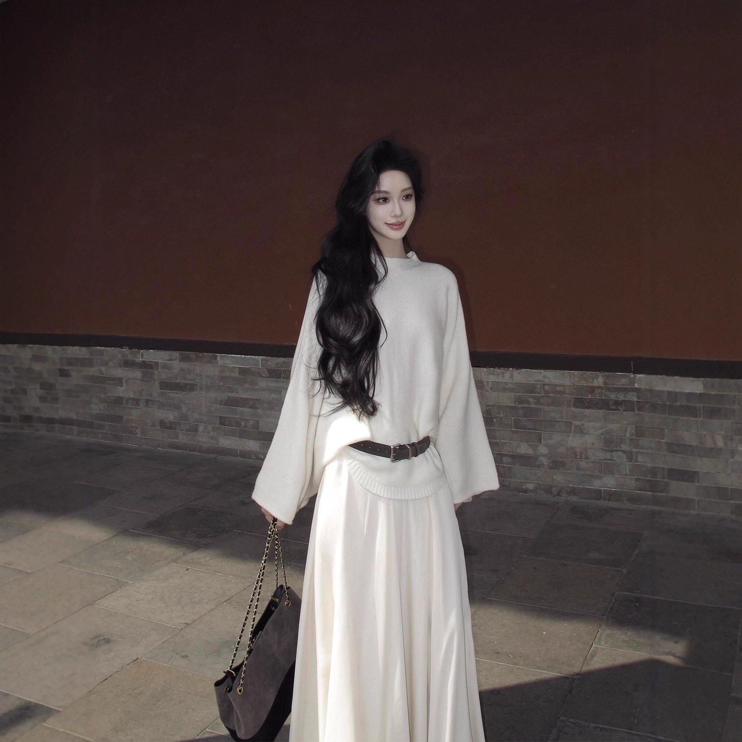 Autumn in Berlin French High-End Design White Knitted Top + Straight Long Skirt Slim Fit Two-Piece Set