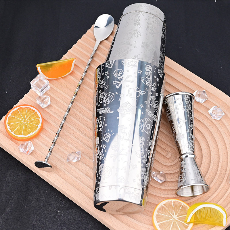 Stainless Steel Cocktail Boston Cocktail Set Etched Pattern Boston Cocktail Shaker Etched Cocktail Shaker Measuring Cup
