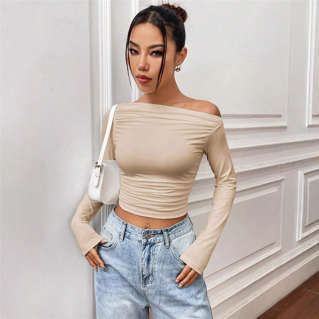 Slim Fit Asymmetrical Long Sleeve Womens T Shirt Versatile Design Pleated Detail Spring Summer Style Wholesale