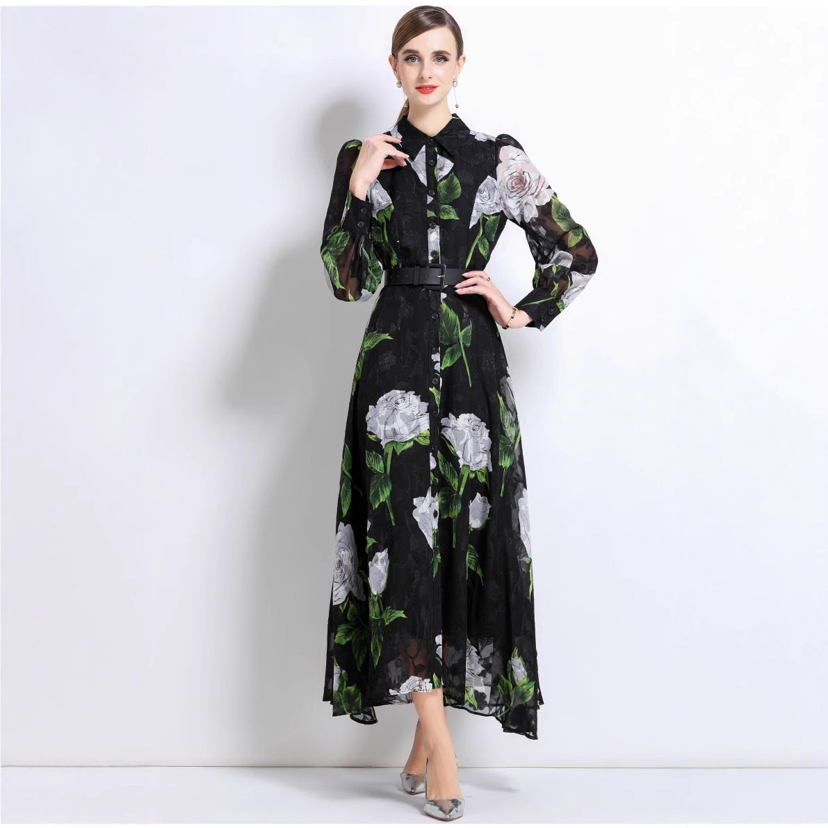 French High End Beaded Floral Long Sleeve Dress Slim Fit Waist Tie Button Closure Autumn Fashion for Women