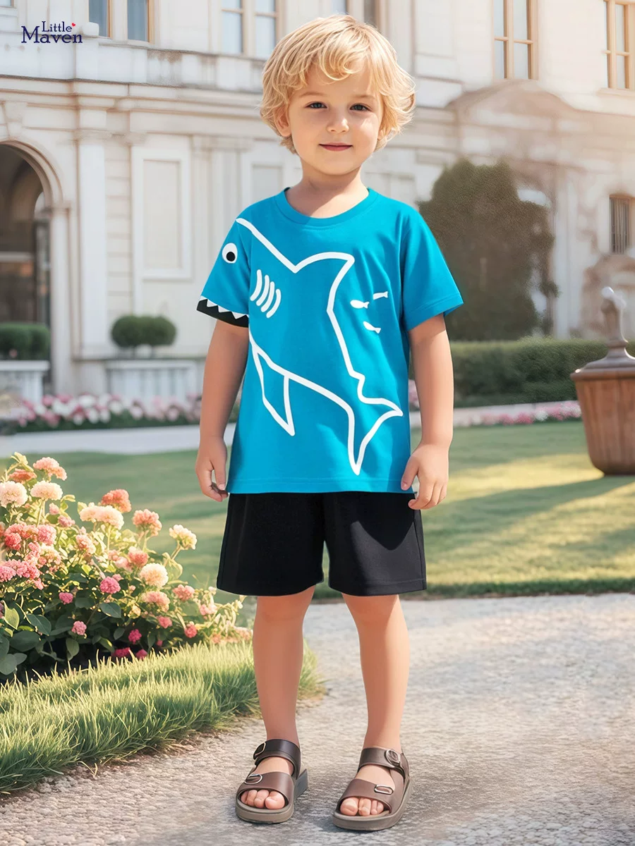 Summer Cute Kids' Short-sleeve Set, Cartoon Shark Boys' Outfit, Cotton Kids' Clothing