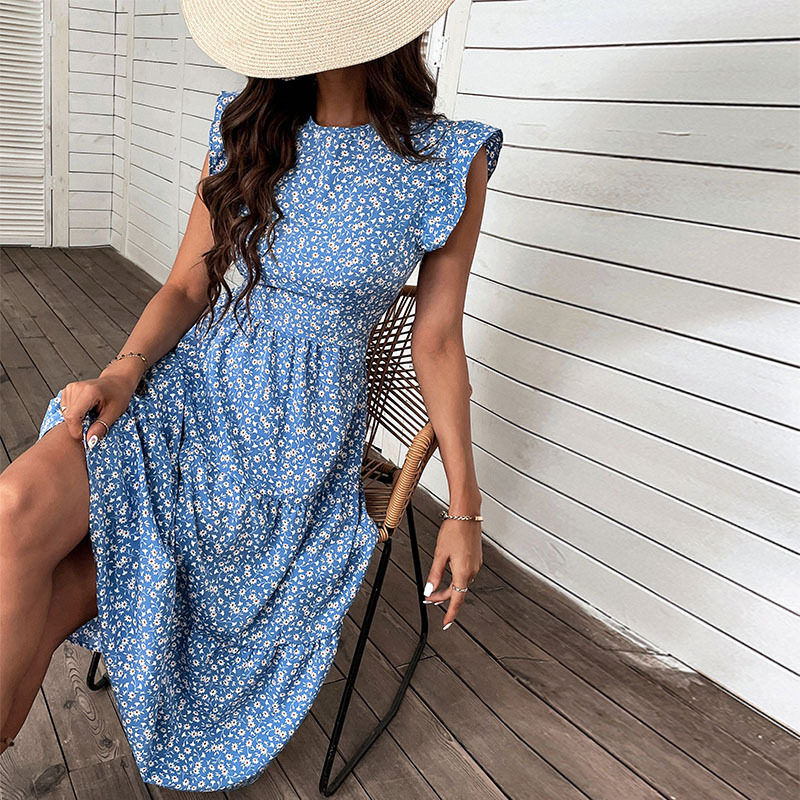 Summer Midi Dress High Waist Blue Floral Print Fresh and Sweet Style Perfect for Casual Outings Wholesale Available