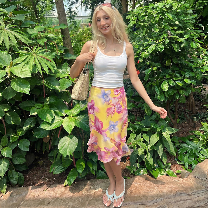 Floral Print Ruffle Hem Midi Skirt Elegant Design Low Waist Versatile Style Summer Fashion for Women Wholesale