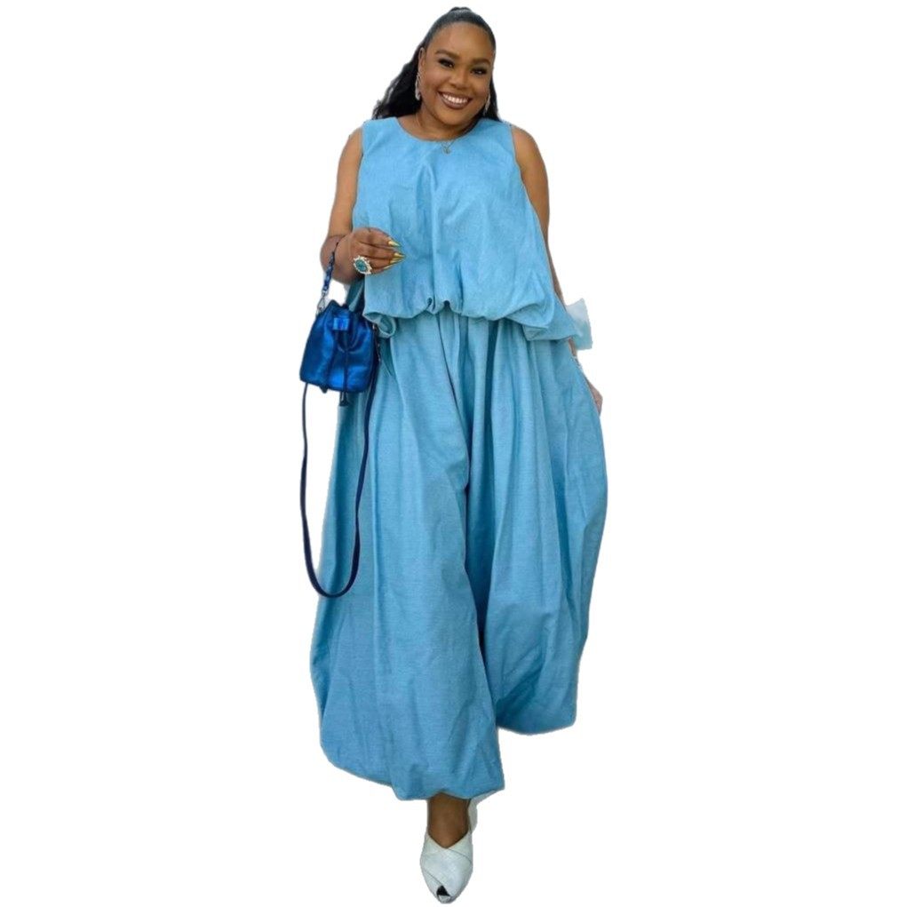 European and American Sleeveless Loose Waist Slimming Short Tops for Women African New Women's Wide-Leg Trousers Large Size Two-Piece Set