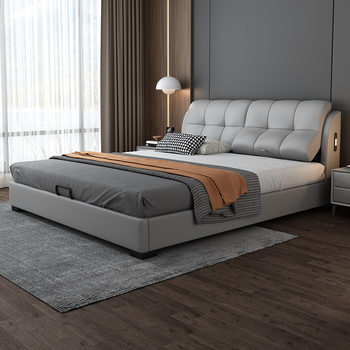 Multifunctional leather bed, modern and simple smart bed, high-end atmospheric double bed for master bedroom, edge-to-edge minimalist leather bed with lights