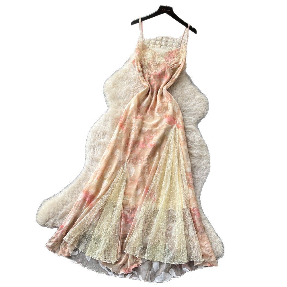 French Vacation Style Pink Floral Maxi Dress for Women High Waist Sleeveless Slim Fit Elegant Summer Wear
