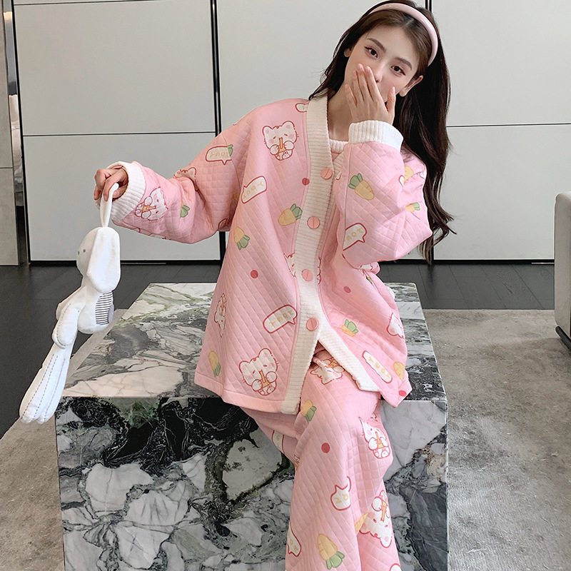 2024 wholesale air cotton sandwich monthly clothing three-piece set autumn and winter cotton postpartum pregnant women lactation pajamas women