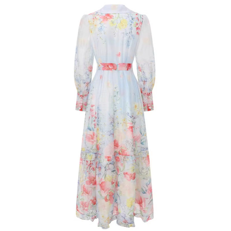 Floral Print Lantern Sleeve Dress Elegant Suit Collar Ruffled Hem Waist Defined Spring Autumn Vacation Wear
