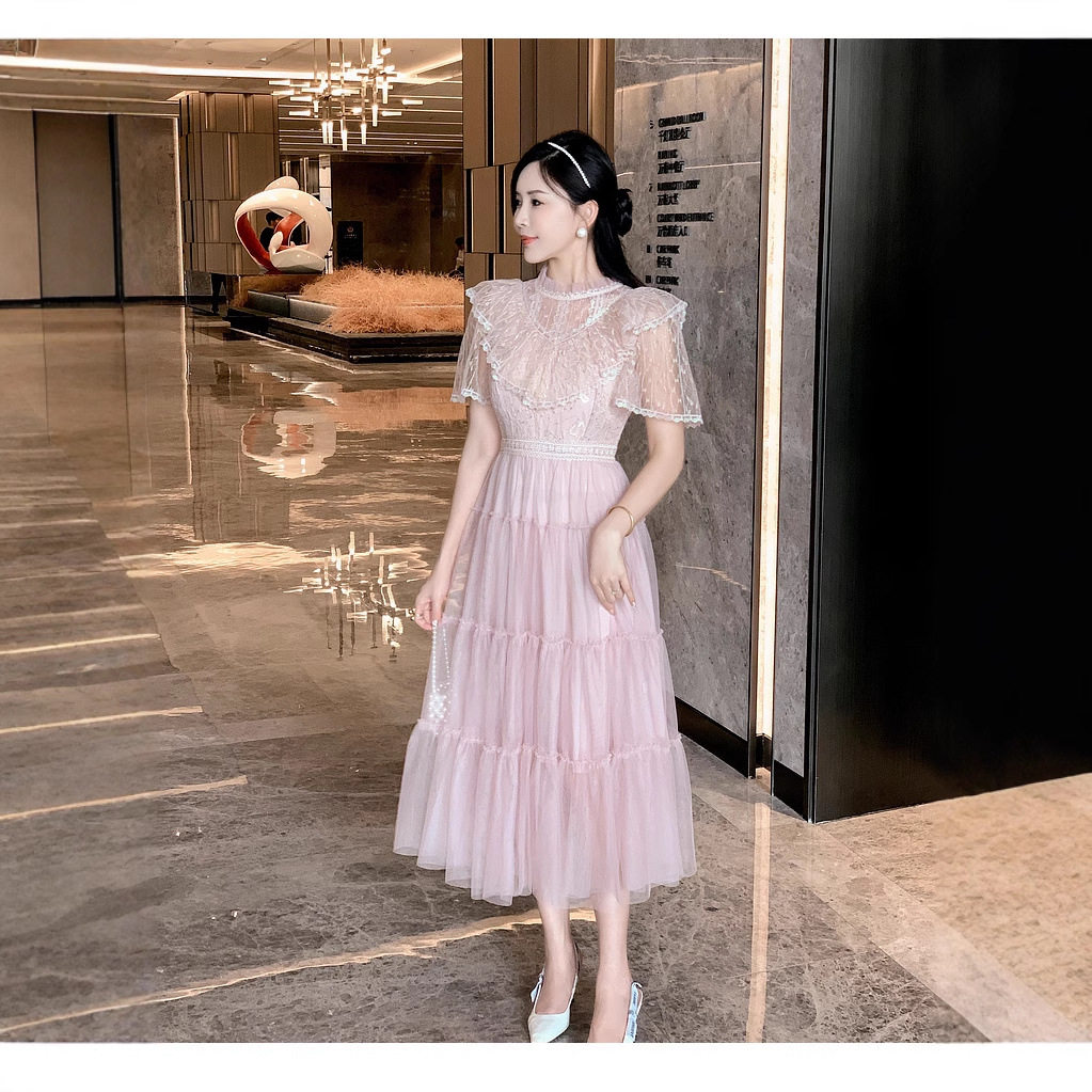 French Style Sweet Heavy Beaded Lace Panel Waist Defined Tulle Puff Dress for Women Elegant Slim Fit Perfect for