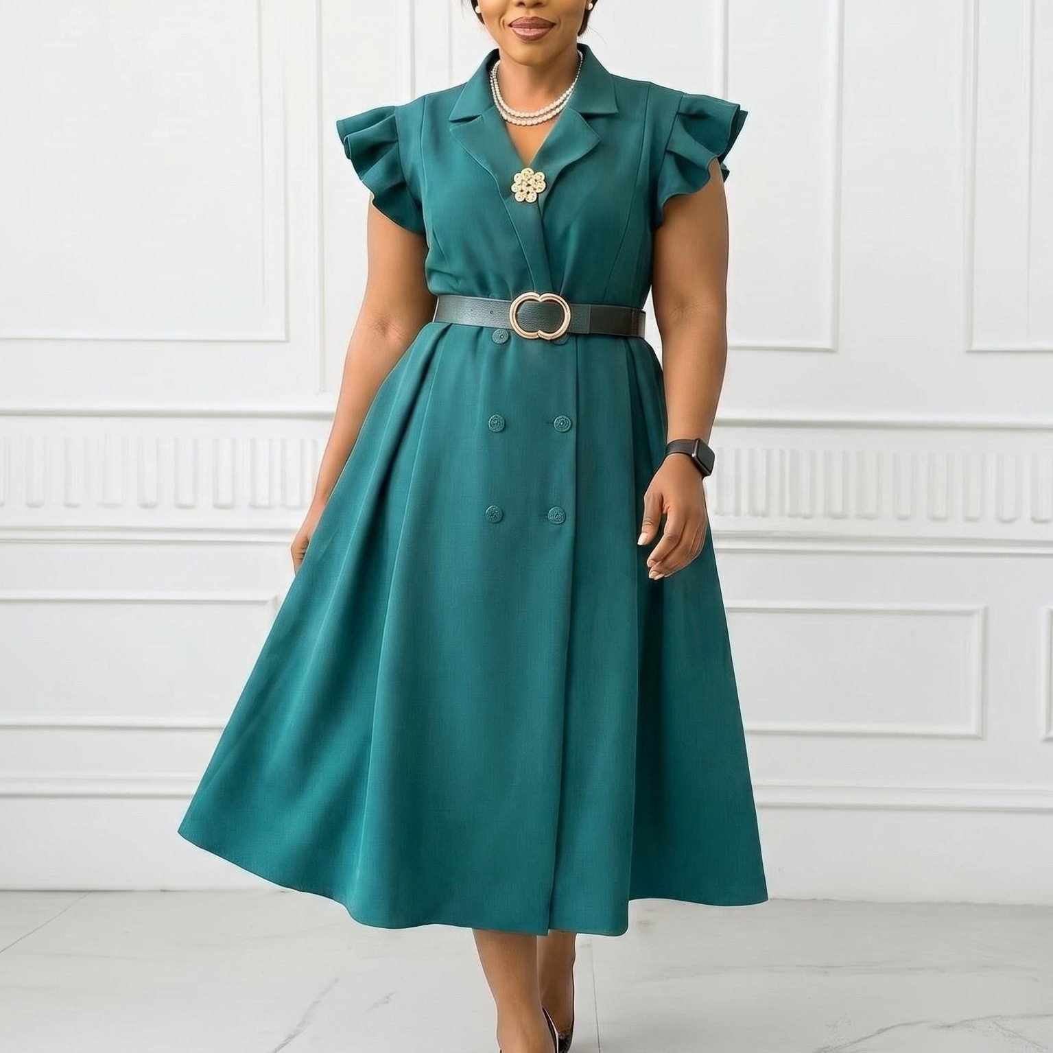 Elegant Double Breasted African Print Dress Mid Length Suit Collar Summer Style Wholesale Available