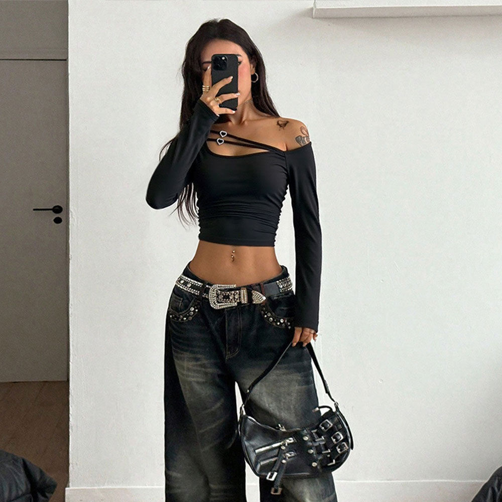 Black Sexy Off Shoulder Crop Top Hollow Cross Strap Design Trendy for Parties or Night Out Wholesale Available