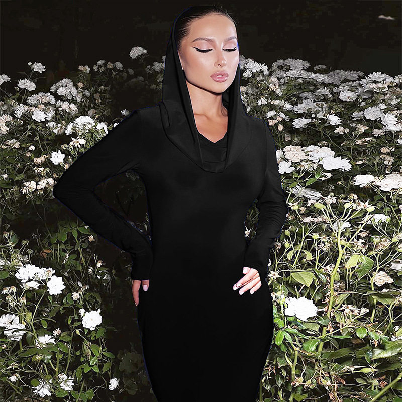 Womens Long Sleeve Hooded Dress Solid Color Elegant Style European Fashion Perfect for Parties Wholesale Available