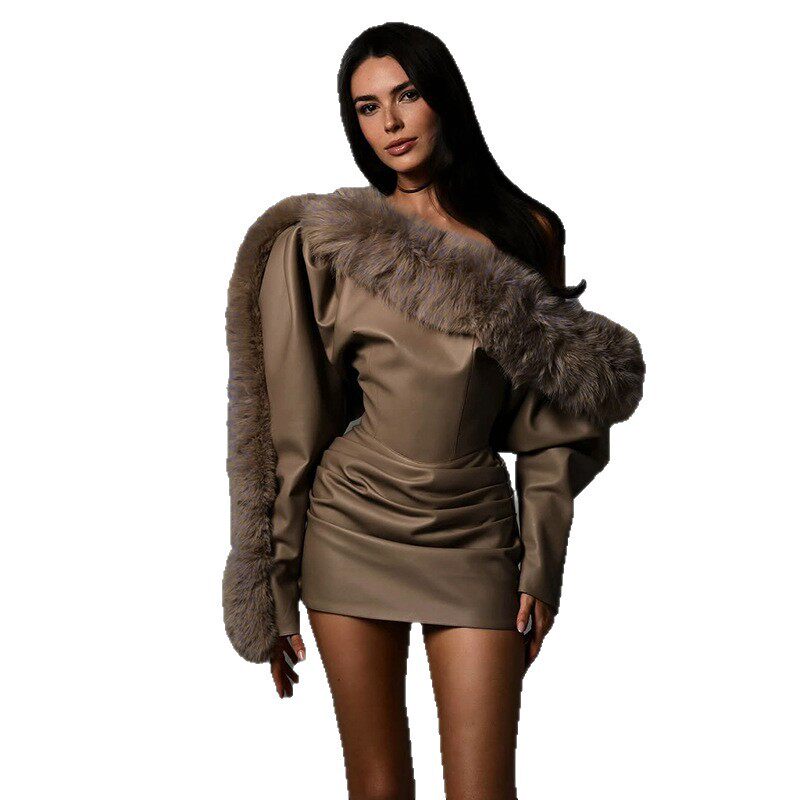 Fashionable Womens Bodycon Dress Asymmetrical Shoulder Faux Fur Collar Leather Patchwork Autumn Winter Evening Wear