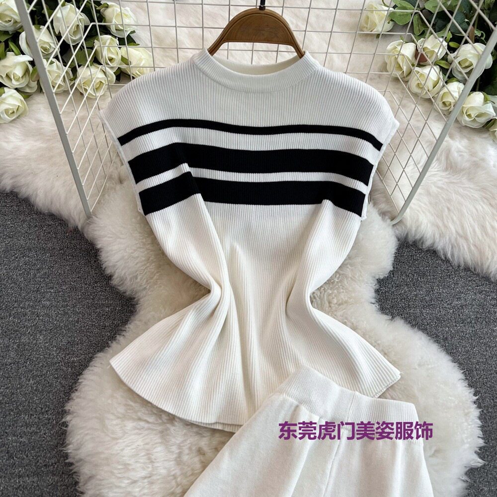 Fashionable suit Women's Korean-style Sleeveless Slim-fit Knitted Top Casual High Waist Slimming Straight Leg Wide-leg Pants Two-piece Set