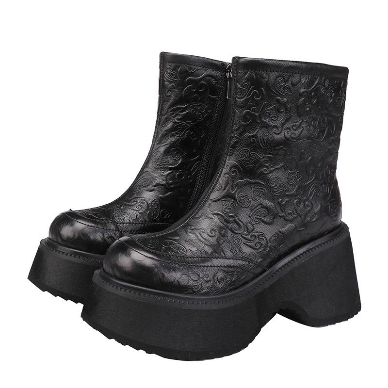 Boot nữ cổ thấp da bò lớp đầu lót lông giữ ấm gót vuông — Màu cà phê, Màu đen