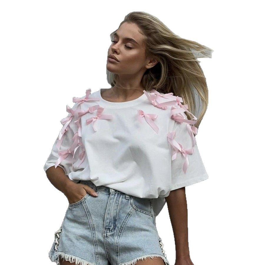 Loose Fit Short Sleeve T Shirt Cute Ribbon Bow Design Soft Cotton Fabric Casual Style Perfect for Everyday Wear