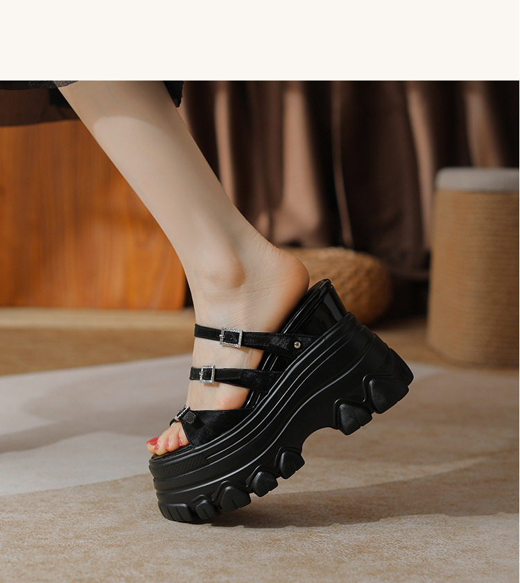 Sandal cao gót nữ mũi hở đế dày 12 cm, phong cách platform — Trắng Bạc, Đen, Mơ Sẫm chi tiết 12