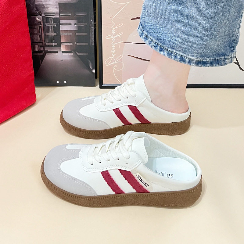 Baotou Half Slippers for Women 2023 Summer New Korean Style Color-Blocked Flat-Heeled Lazy Shoes Casual Slip-On Moral Training Flats for Women