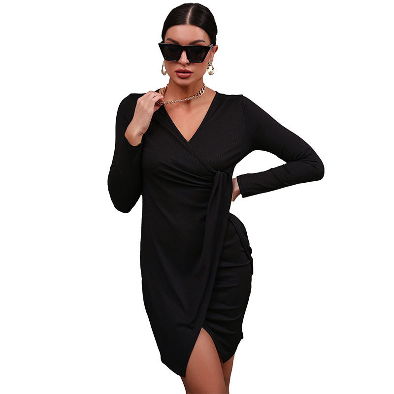 Black V Neck Long Sleeve Bodycon Dress Stylish Slim Fit Versatile for Casual or Formal Occasions Wholesale Available