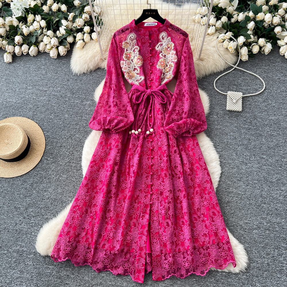 French Vintage Beaded Sequin Embroidered Waist Tie Lantern Sleeve Dress Elegant Long Dress for Autumn Wholesale Available