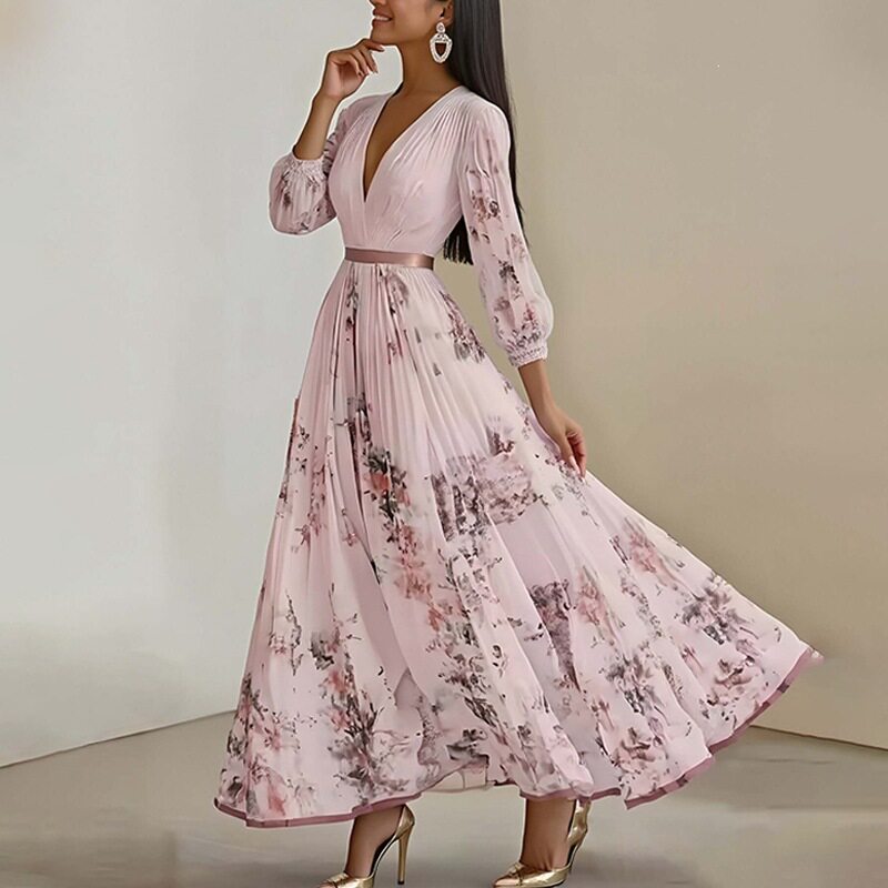 Womens Summer Dress Elegant V Neck Floral Print Waist Defined Perfect for Casual Outings or Parties Wholesale