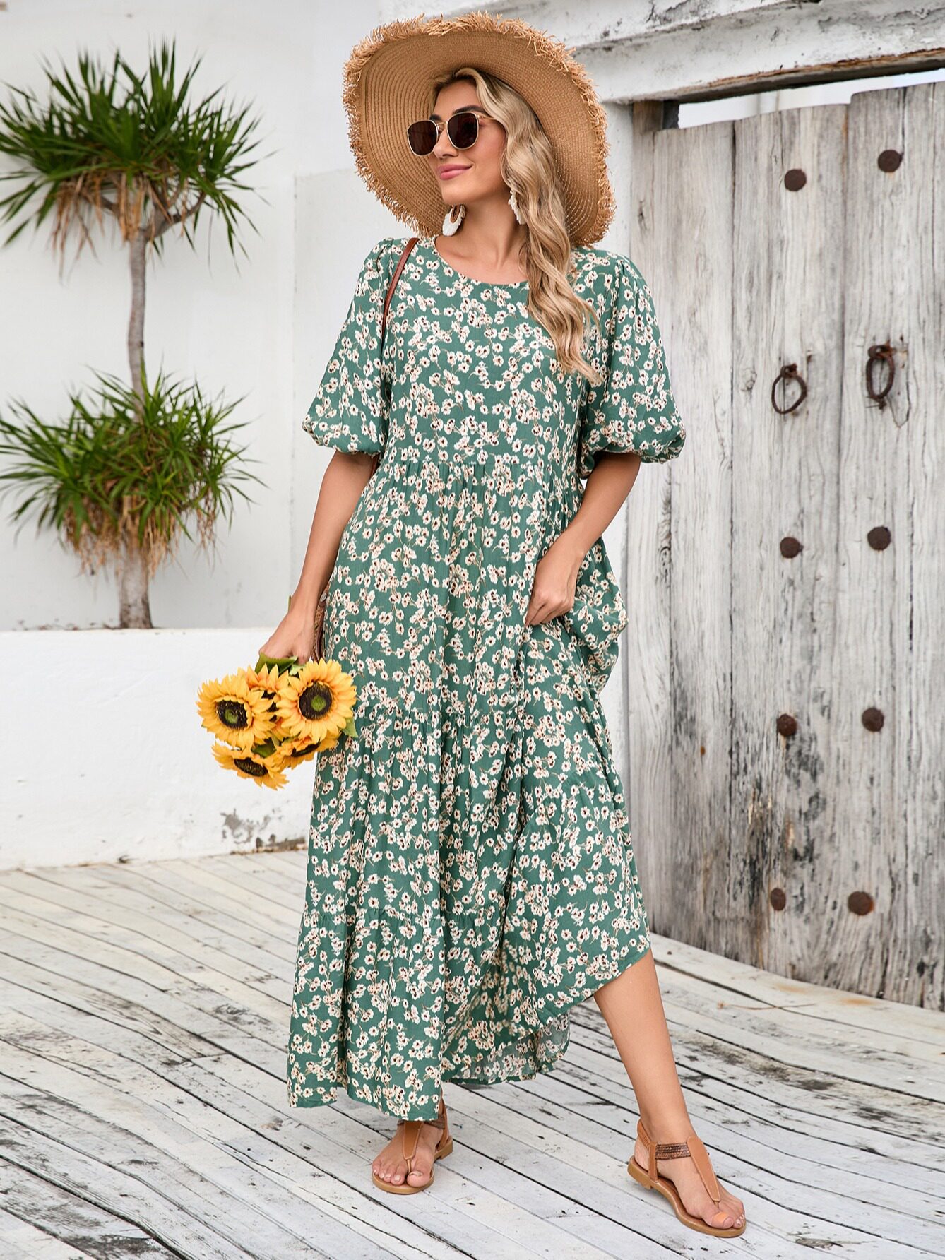 Plus Size Vintage Floral Maxi Dress Loose Fit Round Neck Mid Sleeve Casual Wear for Summer Wholesale Available