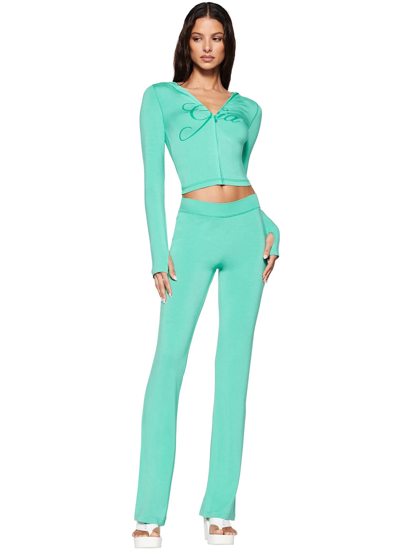 HR25071 欧美时尚女装跨境货源印花连帽长袖拇指扣微喇叭两件套装