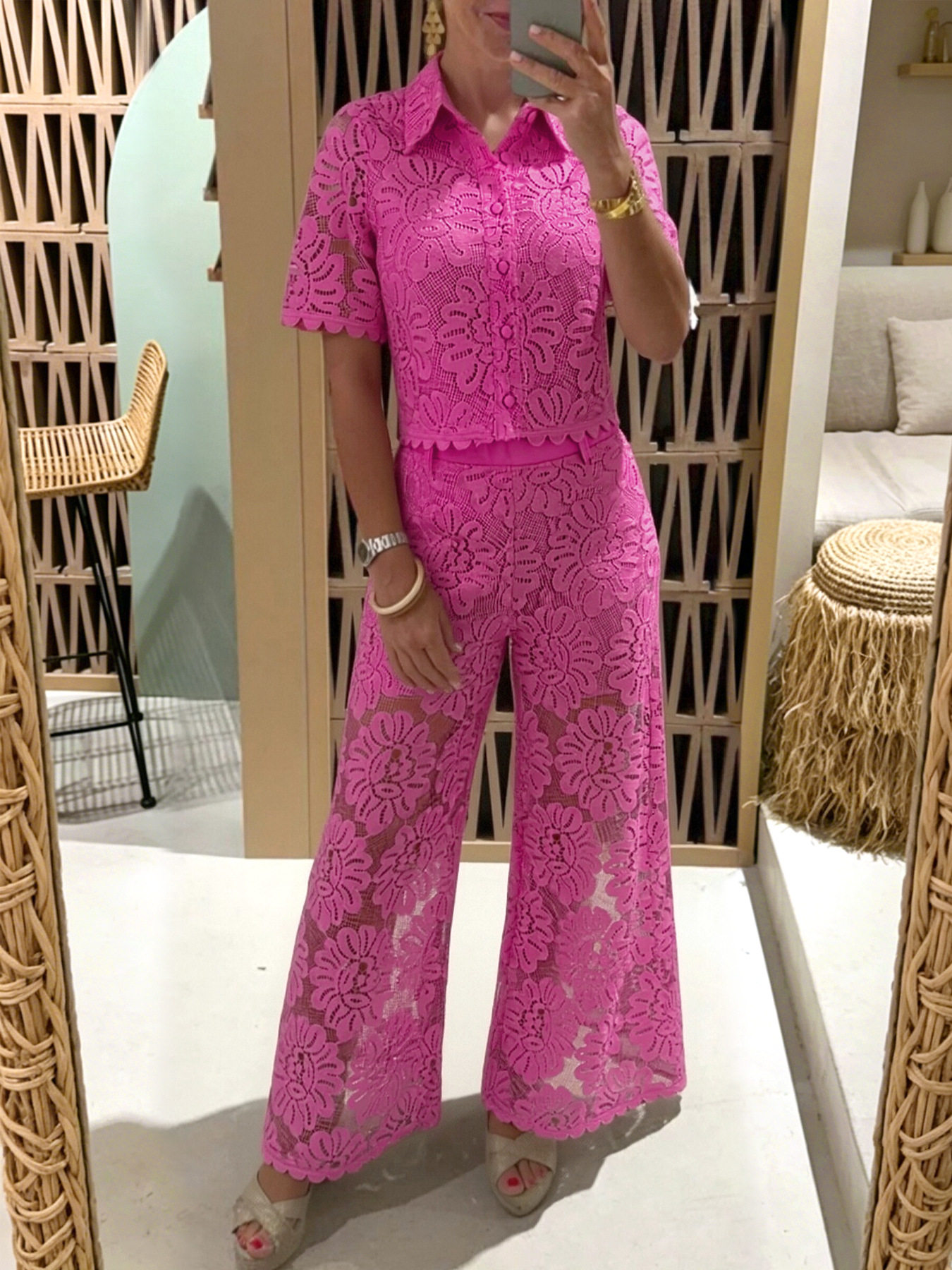 Lace Crochet Short Sleeve Top and High Waist Pants Set Elegant Design Solid Color Comfortable Fit Perfect for Casual