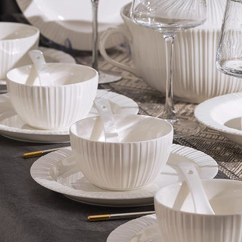 Single Underglaze Color Dining Bowl Noule Bowl 2024 New Style Simple Light Luxury Dishes and Plates Household High-end Embossed Tableware