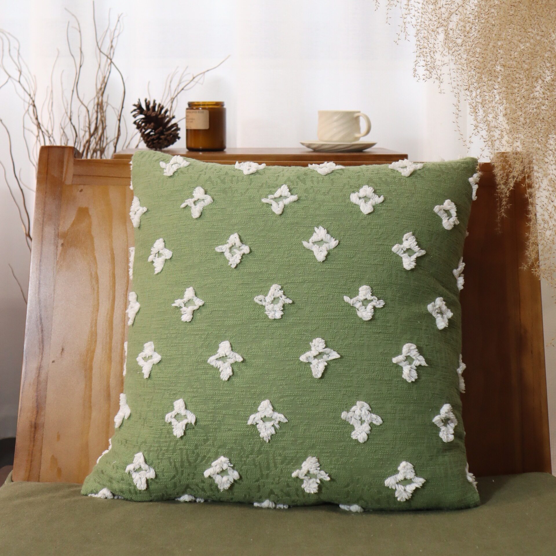 Simple Ins Style Forest Color Cut Flower Woven Pillow Living Room Bedroom Pillow Case Tassel Lace Cushion
