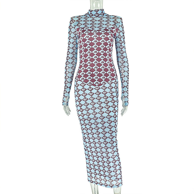 Fashionable Womens Long Sleeve Dress Breathable Mesh High Neck Bodycon Fit Floral Print Ideal for Parties and