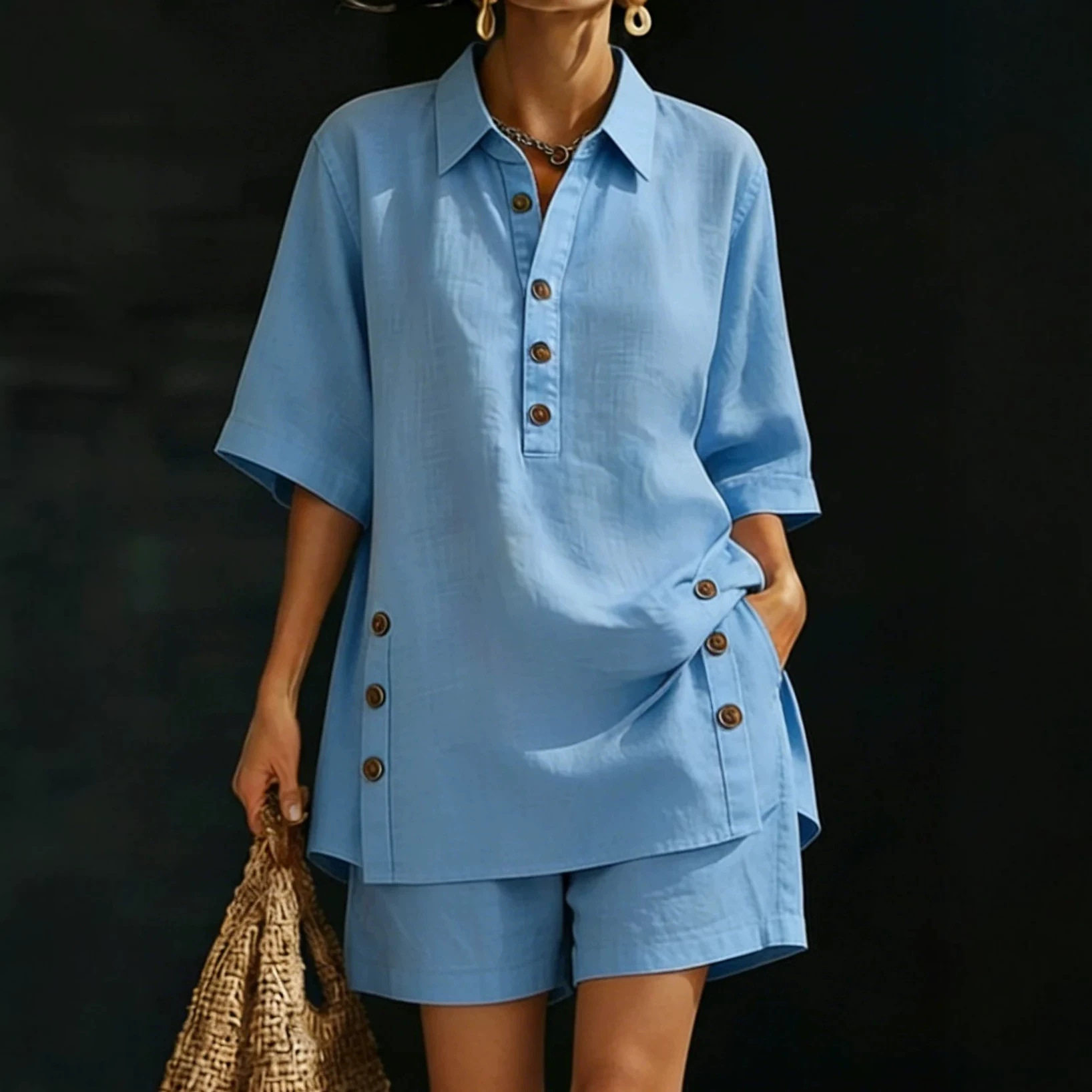 Womens Two Piece Set Short Sleeve Button Up Shirt Loose Fit Pants Solid Color Spring Summer Casual Wear Wholesale