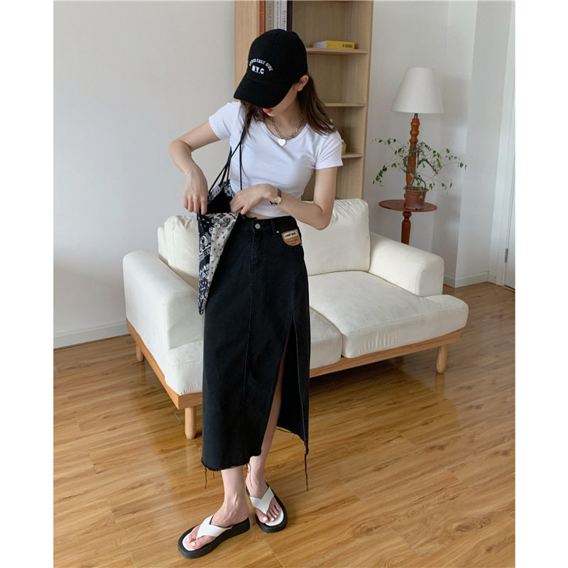 Vintage High Slit Denim Skirt Elegant Style Patchwork Design Summer Fashion Womens Casual Wear Wholesale Available