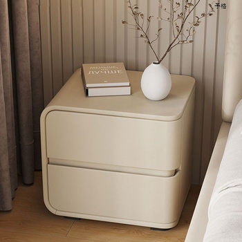 Cream Style Bedside Table Light Luxury Small Solid Wood Leather Bedroom High-Level Installation-Free Bedside Cabinet Minimalist Storage Cabinet