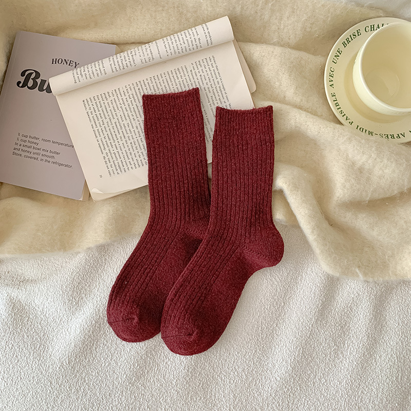 羊毛袜子女秋冬月子袜加厚保暖居家地板冬天日系简约羊绒堆堆长袜