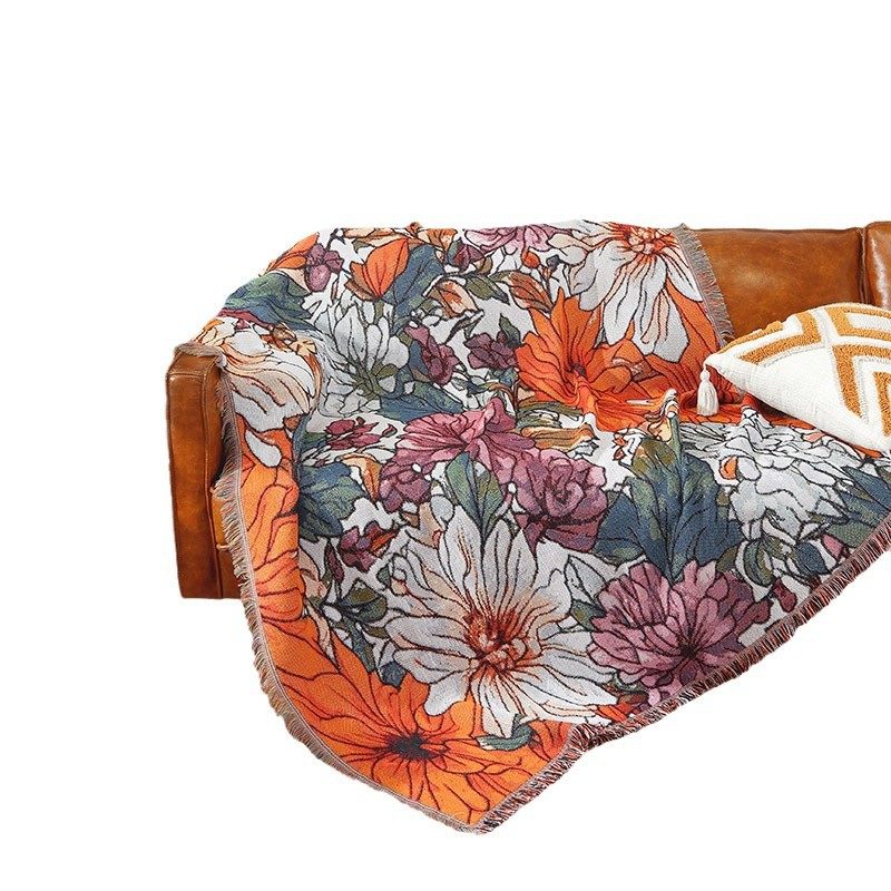 Cross-border custom flower decorative tapestry picnic blanket multi-functional cotton thread blanket sofa cover blanket outdoor camping blanket factory