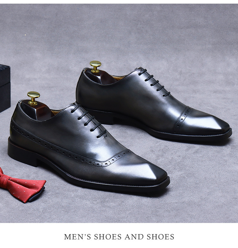 Giày Oxford nam da bò thật buộc dây mũi nhọn chạm khắc — Màu nâu vàng, Màu đen, Màu xám