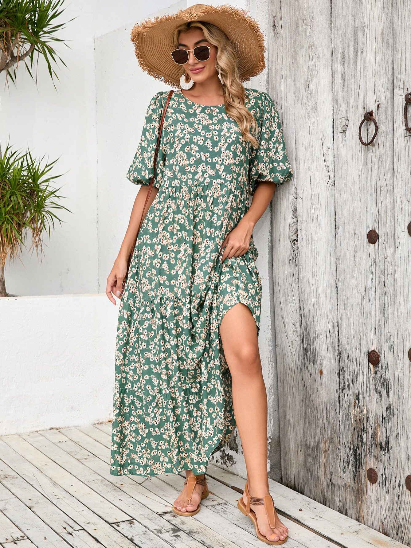Plus Size Vintage Floral Maxi Dress Loose Fit Round Neck Mid Sleeve Casual Wear for Summer Wholesale Available