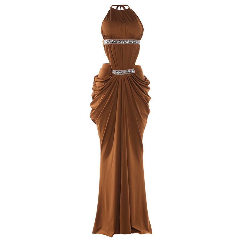 Womens Spring Dress Fashionable Halter Neck Lace Sequin Sexy Open Back Split Design Perfect for Parties OEM